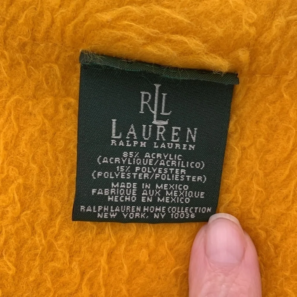 Vintage Ralph Lauren Gold Fleece Decorative Blanket w/ RL Logo. 70X50